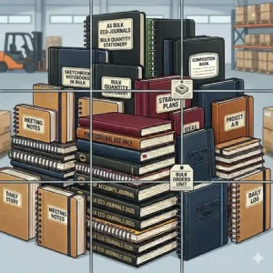 Pallets of boxed notebooks in bulk stored in a warehouse for wholesale shipping.