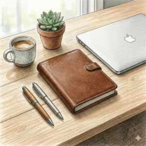 A minimalist workspace setup featuring a brown leather notebook, a coffee cup, and a laptop.