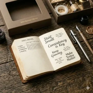 Minimalist bullet-style mini journal layout showcasing a weekly habit tracker and motivational quotes.