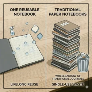 Side-by-side comparison chart highlighting the waste reduction of reusable notebooks versus stacks of traditional paper journals.