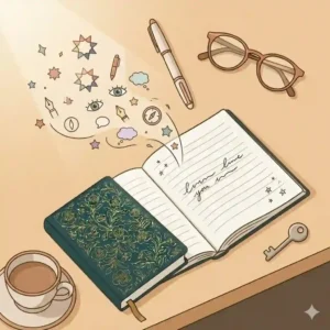A conceptual illustration of colorful ideas and thoughts flowing like stars directly into an open, beautiful journal.