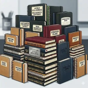 A mockup showing custom logo printing on promotional notebooks in bulk.