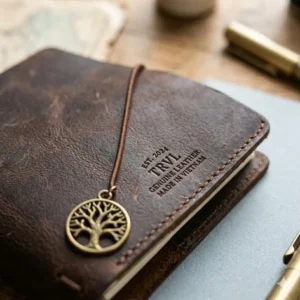 Detailed macro shot of the stitching and texture of a high-quality full-grain leather travelers notebook.
