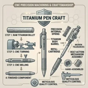 A technical process illustration showing the intricate CNC precision machining and meticulous craftsmanship used to create a titanium pen.