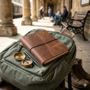 An a5 travelers notebook cover tucked into a backpack next to a passport and a camera, emphasizing its use for travel journaling.