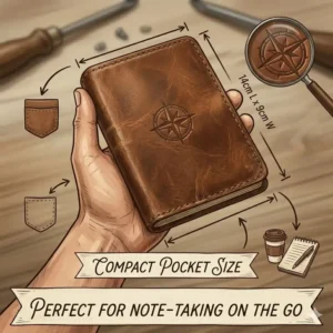 Illustration of an artist using a leather pocket journal for field sketching and quick outdoor notes.
