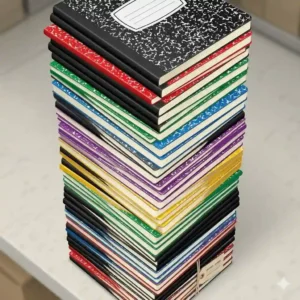 8: High-angle perspective of a tall vertical stack of bulk composition notebooks.