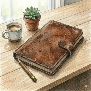 A top-down view of a weathered and distressed brown leather notebook showcasing natural grain patterns.