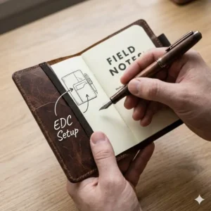 An everyday carry (EDC) arrangement featuring a durable pocket notebook cover and tools.