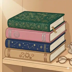 A clean vector illustration of a neat stack of beautiful journals with gold foil detailing on the spines, resting on a bookshelf.
