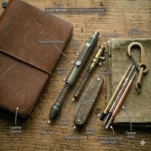Disassembled parts of a metal edc pen showing ink refill compatibility and internal spring.