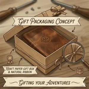 A leather pocket journal presented in a kraft paper gift box, ideal for birthdays or professional gifts.
