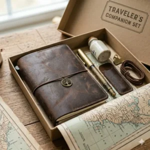 An unboxed leather travelers notebook set in a gift box with a pen holder and spare elastics.