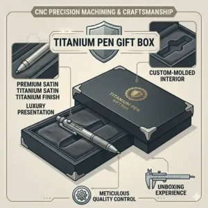 A luxury unboxing experience illustration showing a beautiful, bolt-action titanium pen resting within a custom-molded gift box.