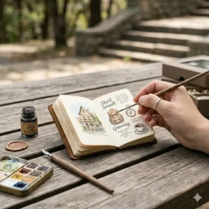 A creative artist using a mini journal for watercolor sketching and quick travel doodles outdoors.
