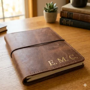 An a5 travelers notebook cover featuring a custom gold-foil monogrammed name on the bottom right corner.