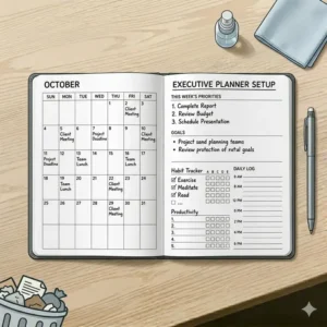 An executive yearly planner layout inside reusable notebooks showing monthly calendars and productivity tracking templates.