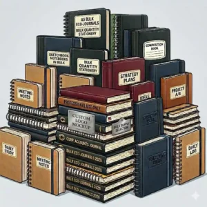 Various sizes of notebooks in bulk illustrating standard A5 and A4 wholesale options.