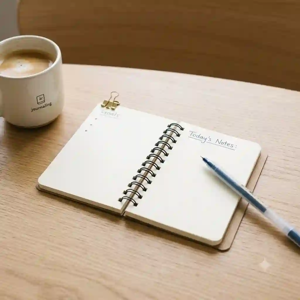 A person writing in an open pocket spiral notebook on a wooden desk next to a pen.
