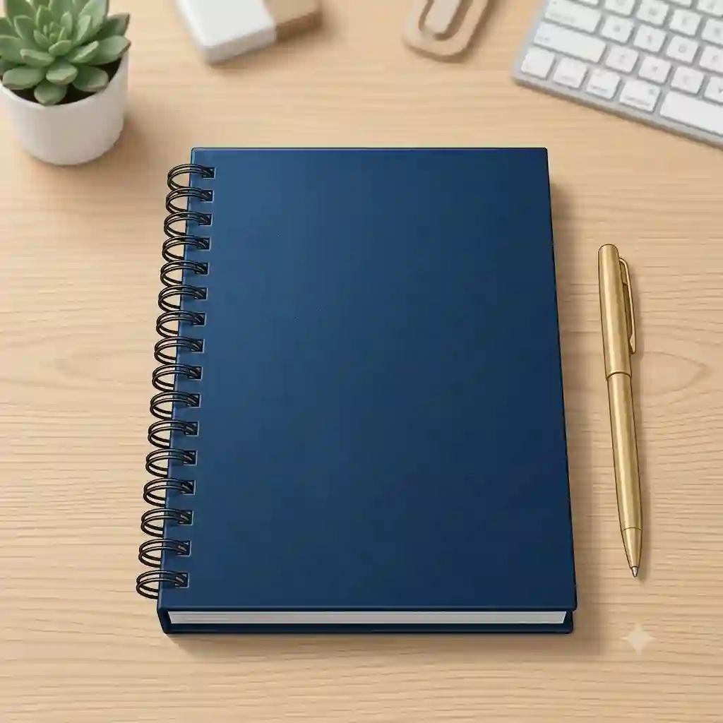 A premium navy blue hardcover spiral notebook laid flat on a wooden desk next to a gold pen.