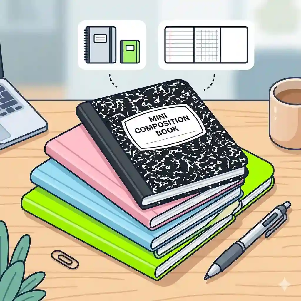 A neat stack of colored mini composition books next to a pen and a laptop on a modern desk for daily planning.