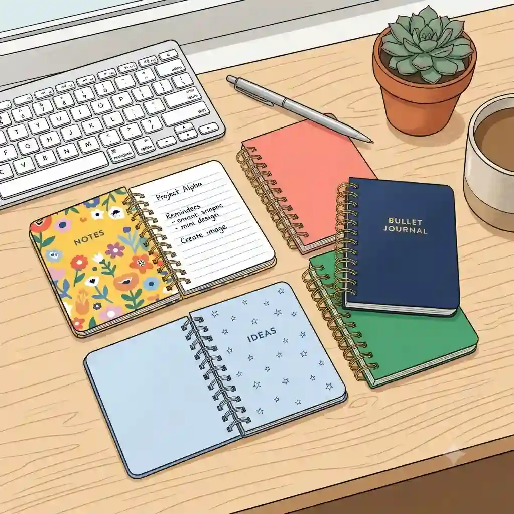 A collection of colorful mini spiral notebooks arranged neatly on a modern office desk next to a pen and a laptop.