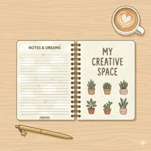 Flat lay illustration of an open cute spiral notebooks next to a cup of coffee and a gold pen on a minimalist workspace.