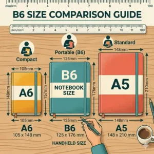 A side-by-side size comparison of a b6 notebook size journal next to an A5 and A6 notebook to show scale.