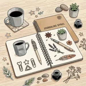 Top-down flat lay view of a spiral bound journal surrounded by stationery items and flowers.