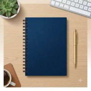 Close-up illustration showing the reinforced thick cover and sturdy double-wire binding of a hardcover spiral notebook.