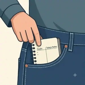 An illustration showing a compact pocket spiral notebook sliding easily into a jeans pocket.