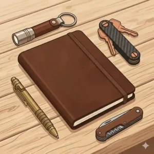 A minimalist brown leather pocket notebook displayed flat as part of a daily everyday carry EDC gear setup.