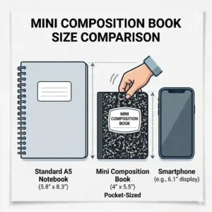 A clean infographic diagram comparing the size of a mini composition book to a standard A5 notebook and a smartphone.