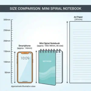 An illustration chart comparing the size of pocket-sized mini spiral notebooks to a standard smartphone and an A4 paper.