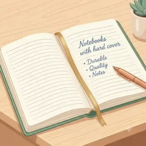 An open notebook with hard cover laying flat, showcasing clean lined pages and a satin ribbon bookmark.