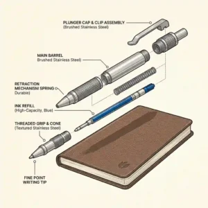 An exploded view diagram showing the internal components and assembly of the stainless steel pen.