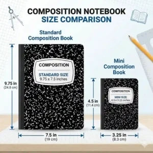 A comparison diagram illustrating the size difference between a standard 9.75 by 7.5 inch composition book and a mini pocket version.