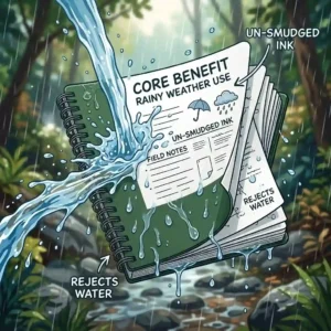An illustration of an open waterproof notebook being used out in the heavy rain with water droplets bouncing off the pages.