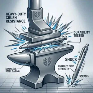 A durability stress test infographic showing the crush resistance of the stainless steel pen.