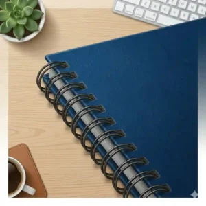An illustration of a hardcover spiral notebook opened 180 degrees to show the lay-flat writing surface.