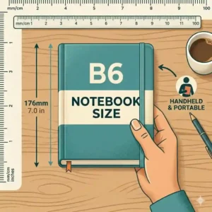 A person holding a compact b6 notebook size daily planner to demonstrate how it fits comfortably in one hand.