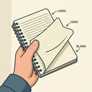 An illustration of a pocket spiral notebook showing options for lined, grid, and blank pages.