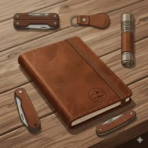 An open leather pocket notebook revealing blank cream-colored pages next to an elegant fountain pen.