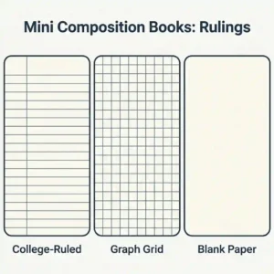 An illustration of inside pages displaying college-ruled, graph grid, and blank paper sheets of mini composition books.