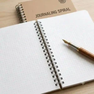 An open spiral bound journal displaying clean blank grid pages on a white surface.