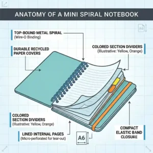 A detailed diagram illustrating the features of mini spiral notebooks, highlighting the durable wire binding, thick lined paper, and waterproof cover.