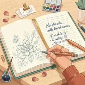 A top-down view of someone writing and sketching in durable notebooks with hard cover next to a cup of coffee.