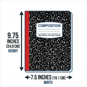 Graphic showing the exact height and width measurements of a closed standard composition book in inches.