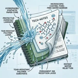 A diagram illustration highlighting the tear-resistant and waterproof notebook paper technology.