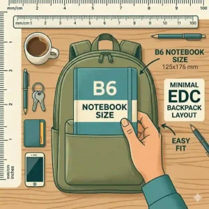 Minimalist everyday carry layout showing a b6 notebook size leather journal fitting easily into a small backpack pocket.